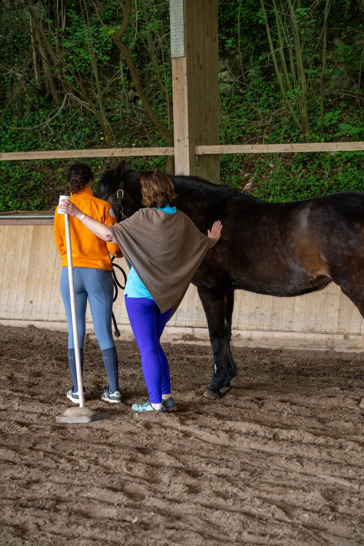 Due partecipanti lavorano insieme accanto a un cavallo nel maneggio