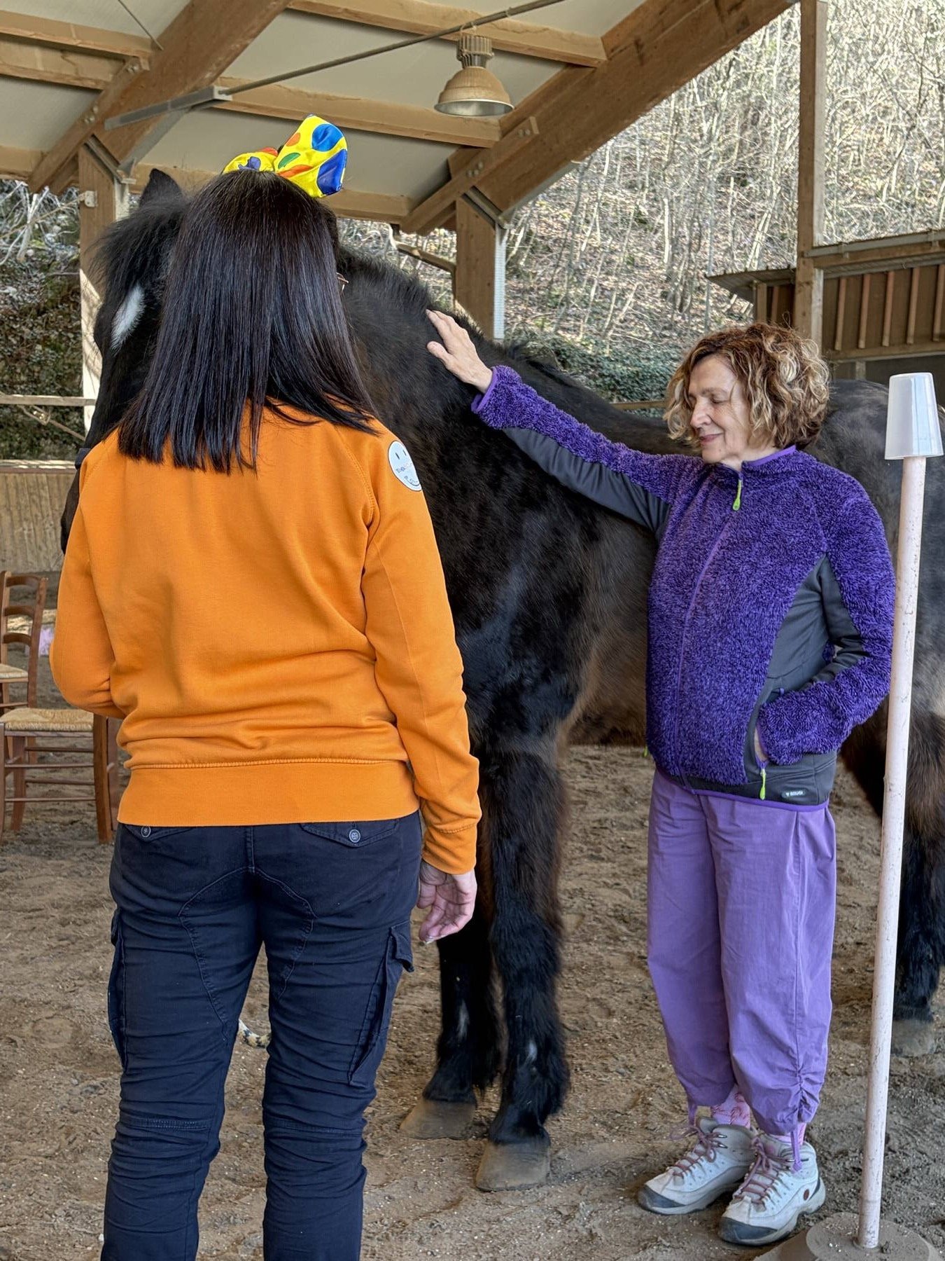 Monia Carnevali accompagna una partecipante nel lavoro con il cavallo