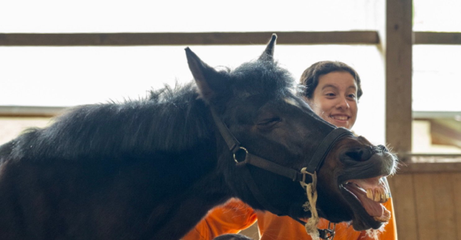 Maria Vittoria e il cavallo Freccia ridono insieme